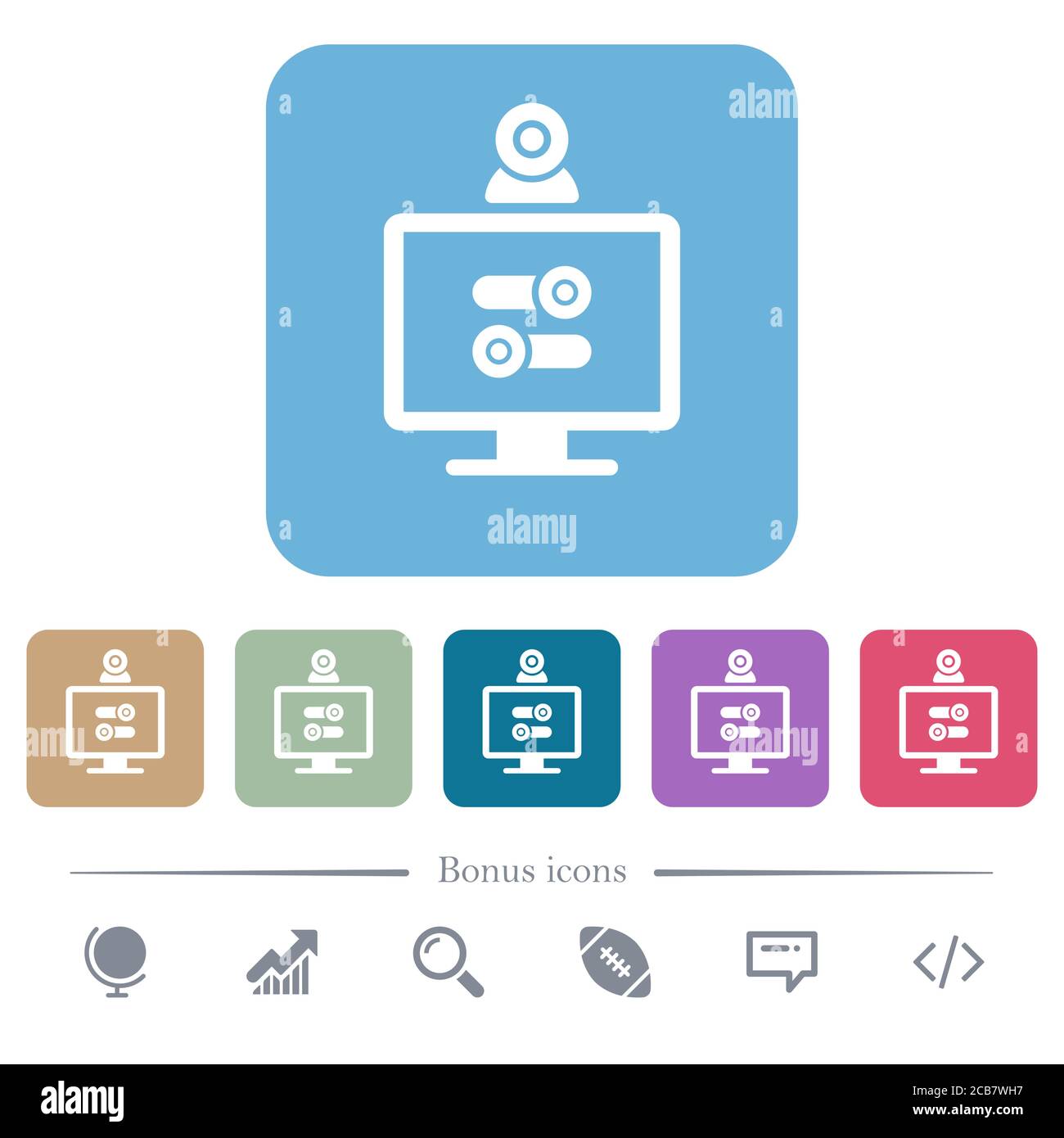 Webcam tweaking white flat icons on color rounded square backgrounds. 6 ...