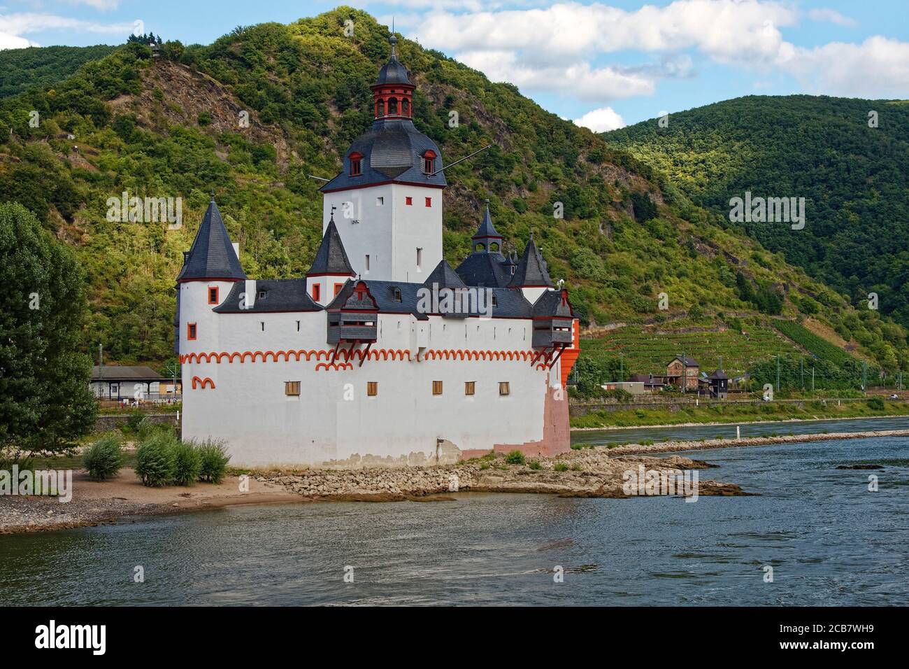 Pfalz Castle; island, Rhine River Valley; toll castle; 1327; white, red trim, water, hills, UNESCO World Heritage Site, Europe; Kaub, Germany Stock Photo