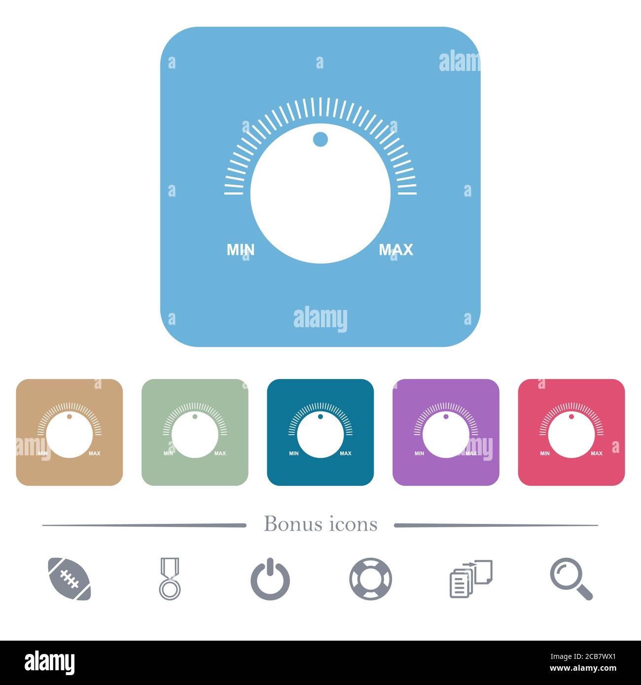 Volume control with captions white flat icons on color rounded square ...