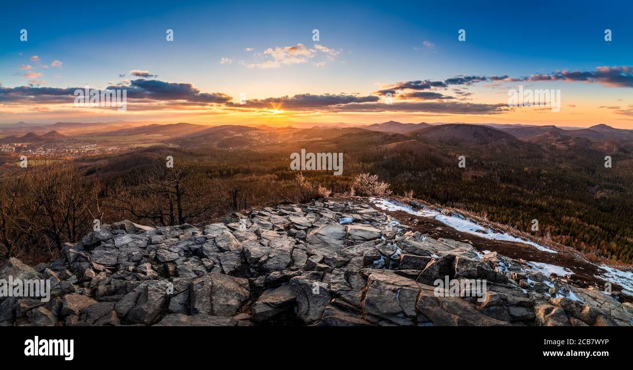 Sunset sunrise from mountain hill Klic to the Luzicke mountains, the best photo Stock Photo