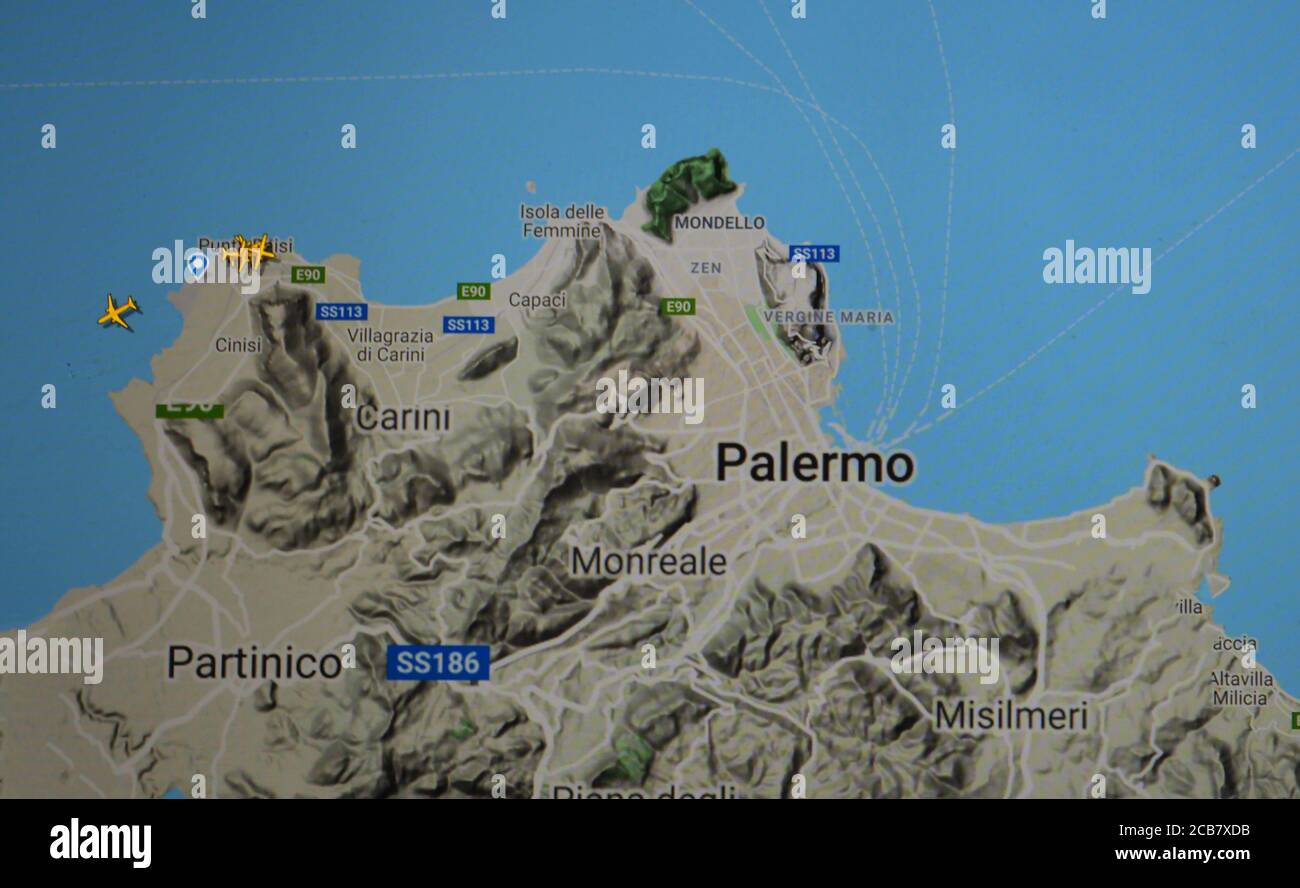 air traffic over Palermo aera, Sicily, Italy (10 august 2020, UTC 09.55)  on Internet with Flightradar 24 site, during the Coronavirus Pandemic Stock Photo