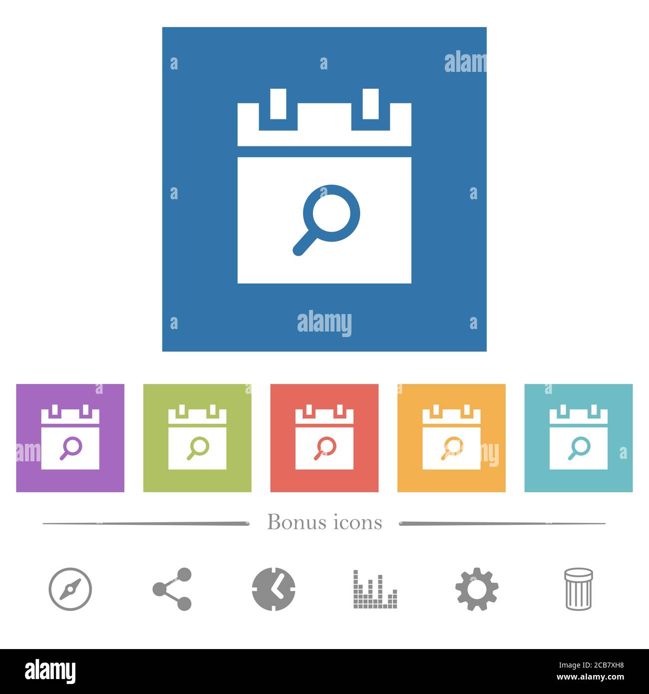 Find schedule item flat white icons in square backgrounds. 6 bonus ...