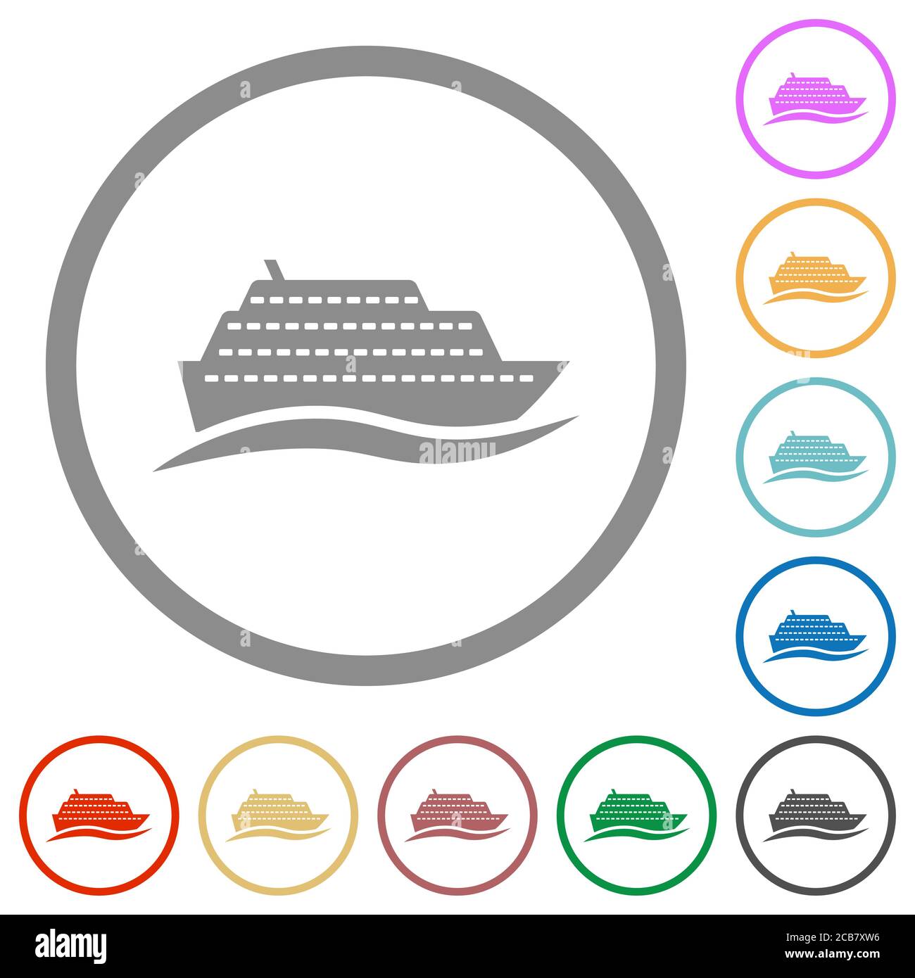 Cruise ship with wave flat color icons in round outlines on white ...