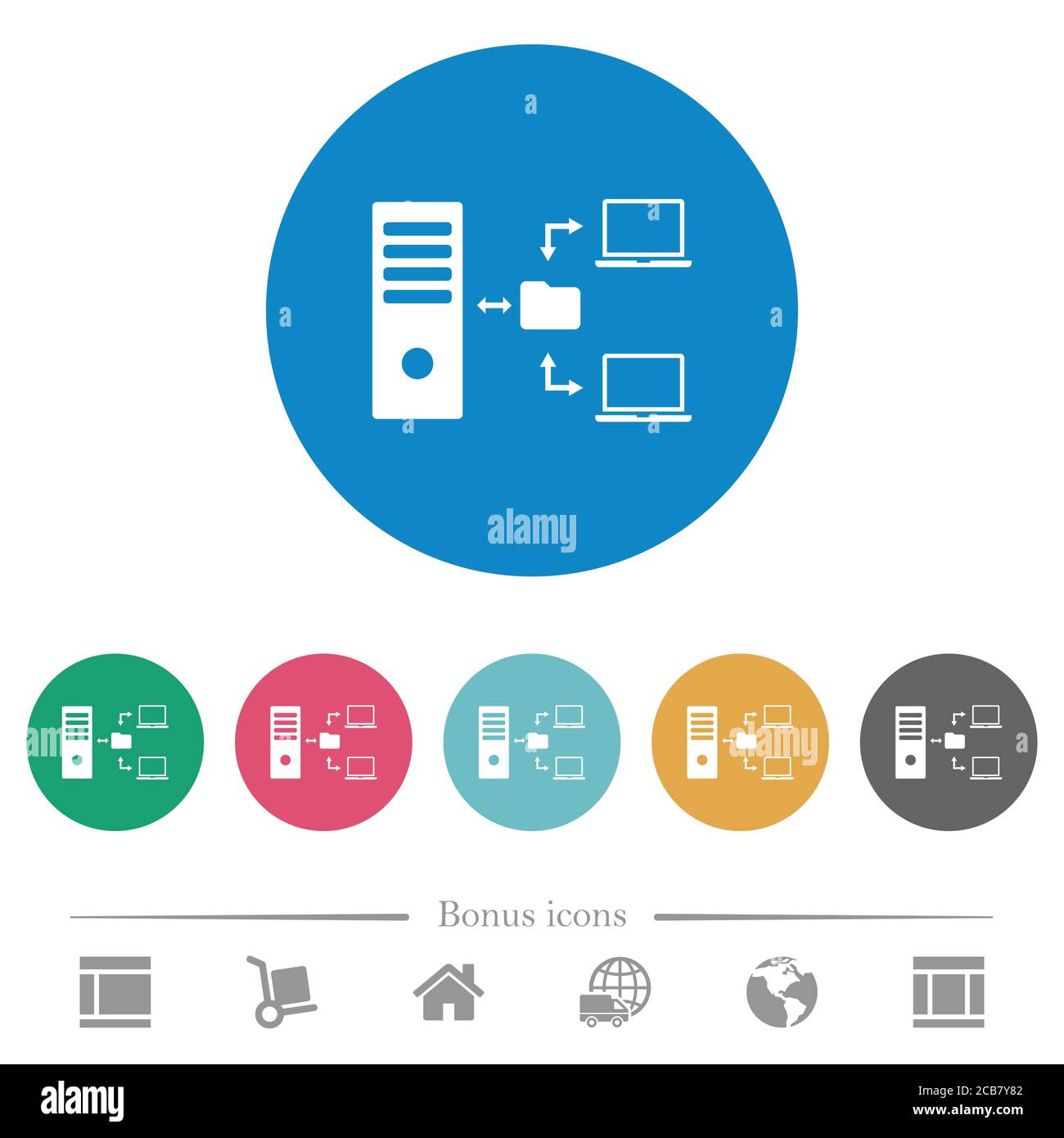 Network file system with server flat white icons on round color ...