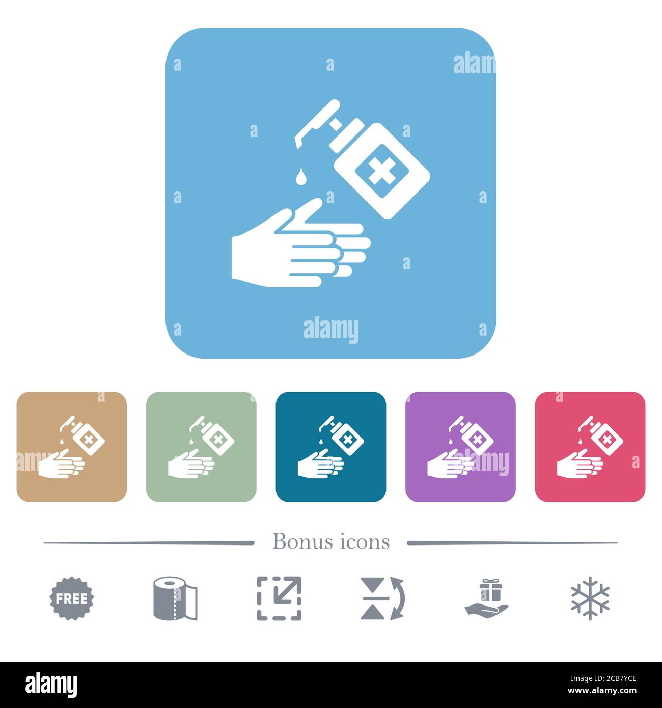 Hand washing with hand sanitizer white flat icons on color rounded ...