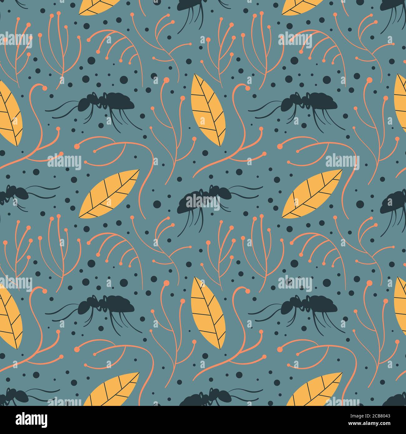 Nature seamless pattern with ants and leaves. Vector illustration. Stock Vector
