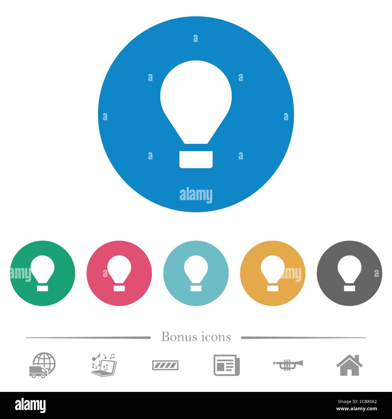 Air balloon flat white icons on round color backgrounds. 6 bonus icons ...