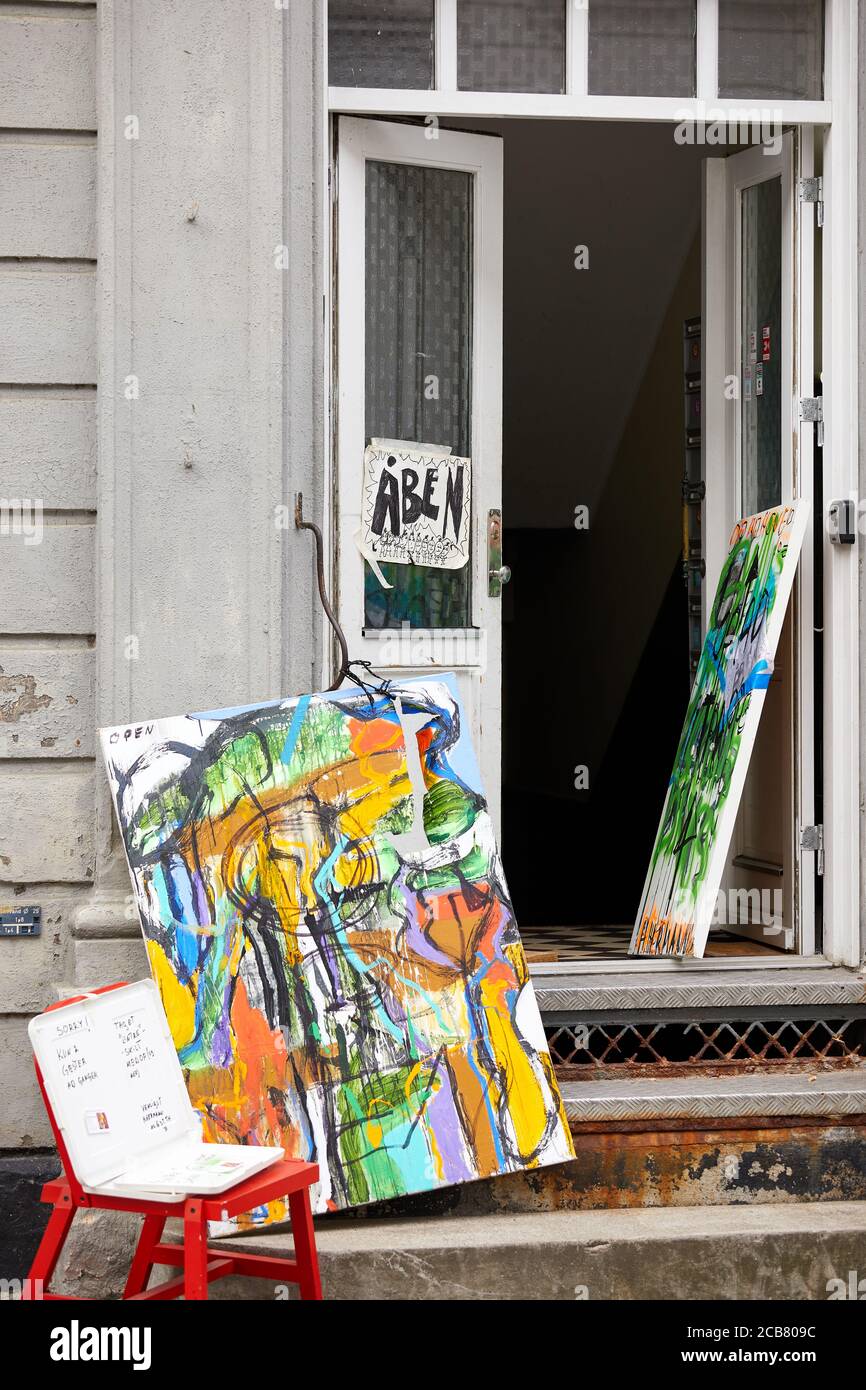 Abstract paintings outside small gallery in Rørholmsgade, Copenhagen Stock Photo