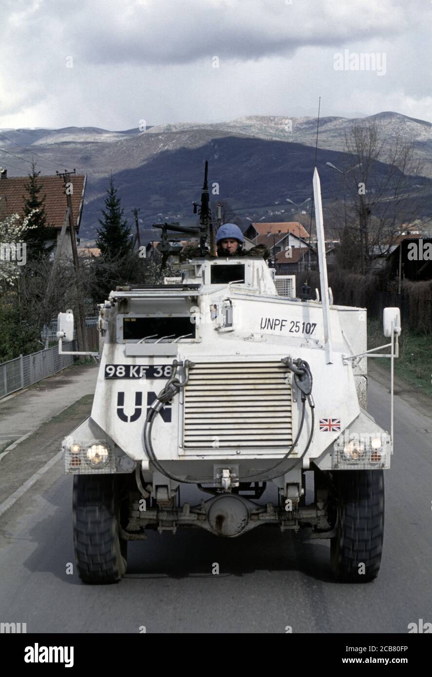 3rd April 1994 During the war in Bosnia: British Army Saxon APCs of the Duke of Wellington's Regiment on Route Diamond, north-west of Vitez. Stock Photo