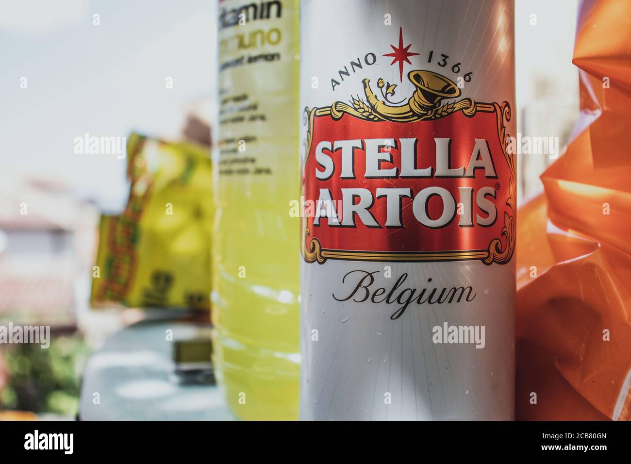 Postira, Croatia August 2020 Closeup of a Stella Artois brand white beer can standing on a table Stock Photo