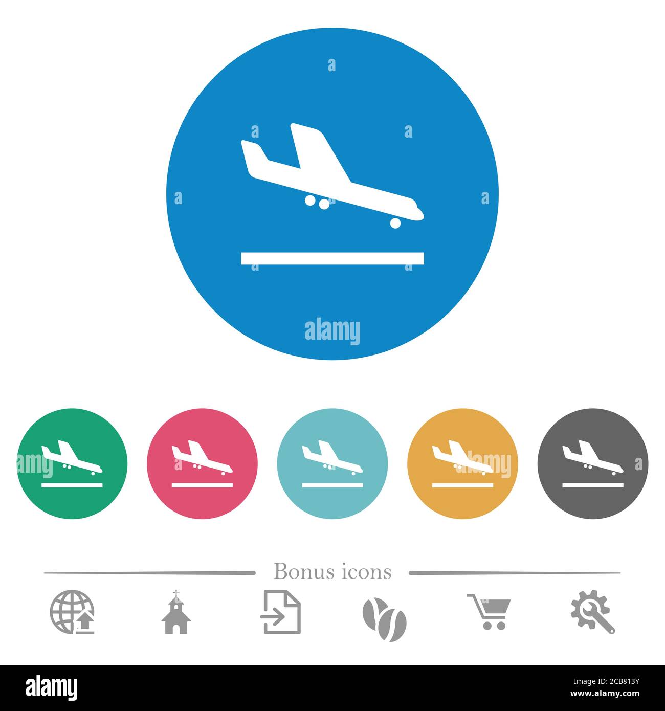 Airplane landing flat white icons on round color backgrounds. 6 bonus ...