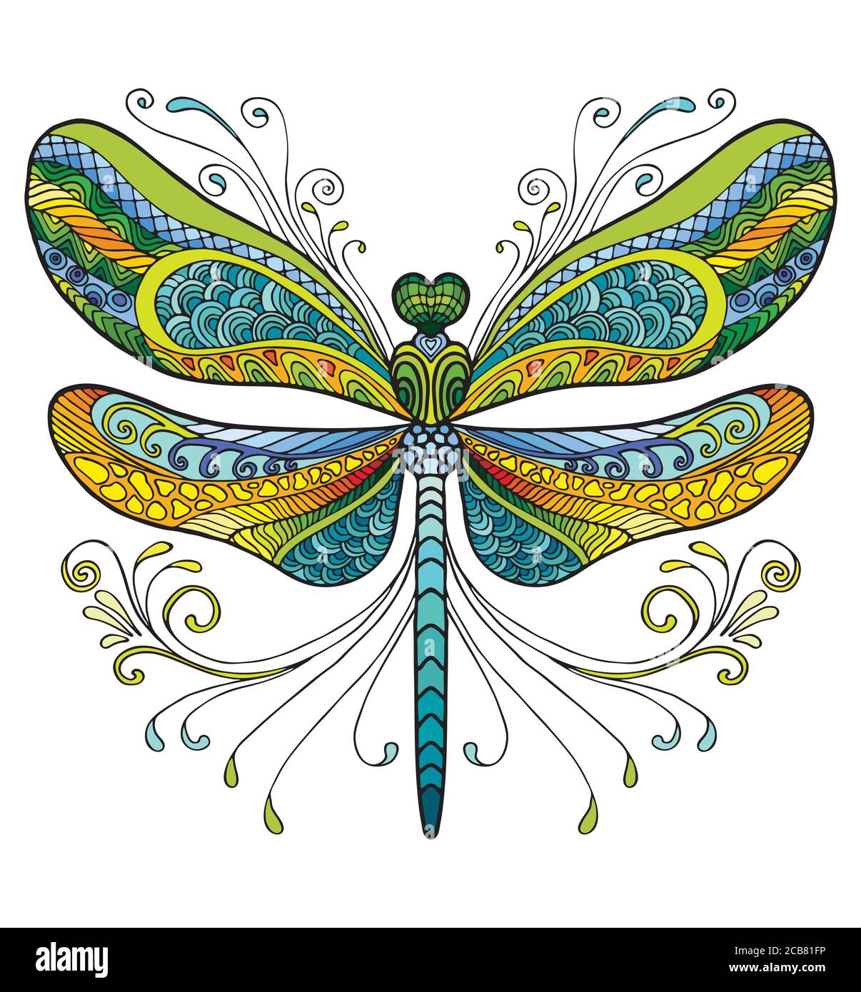 Colorful ornamental fantasy dragonfly. Vector decorative abstract vector illustration isolated on white background. Stock illustration for adult color Stock Vector