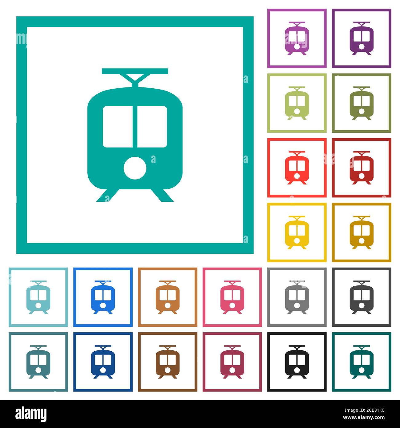 Tram flat color icons with quadrant frames on white background Stock Vector
