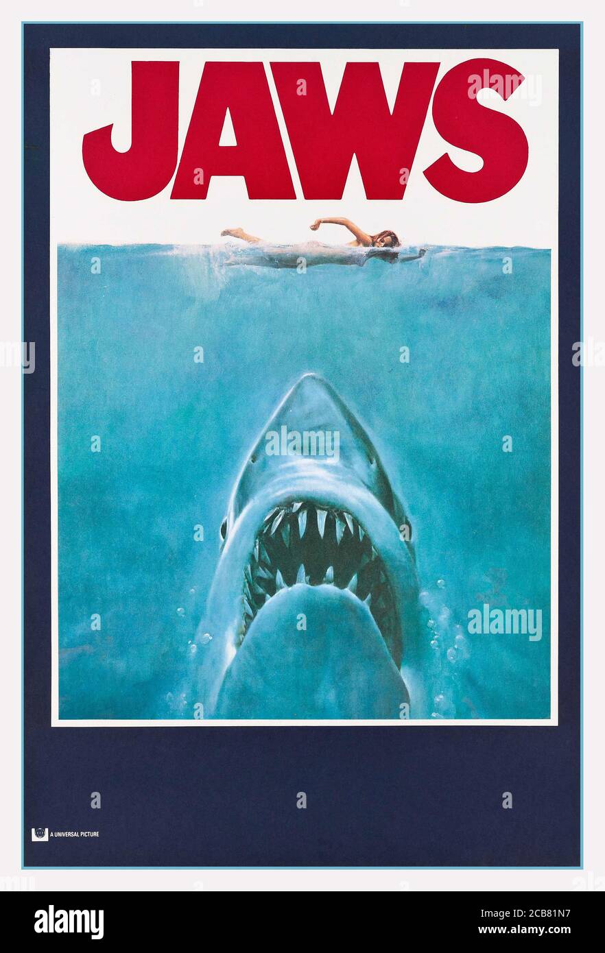 JAWS Vintage movie poster JAWS (1975)  recipient of an Academy Award Nomination for Best Picture and winner of Oscars for film editing (Verna Fields) and music score (John Williams). With Robert Shaw, Roy Scheider Martin Brody, Richard Dreyfuss, Lorraine Gary, Murray Hamilton, Director Steven Spielberg, Screenplay Peter Benchley and Carl Gottlieb Stock Photo