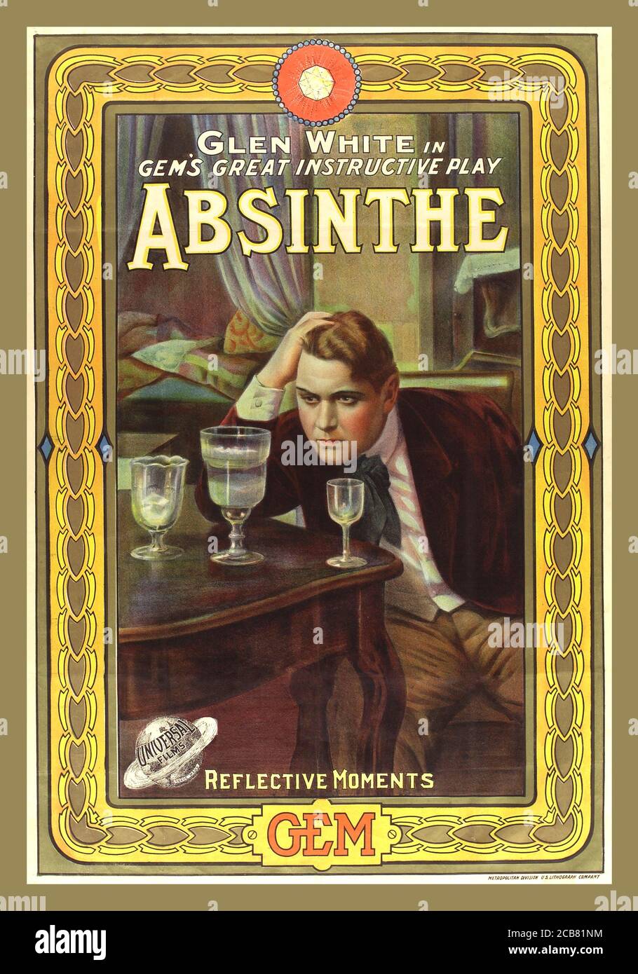 Vintage Movie Cinema poster 1900’s  Absinthe alcoholic addict looking at three different sized glasses on a table; Advertisement promotion for film 'Absinthe' by the Gem Motion Picture Company. Glen White in Gem’s great instructive play ‘ABSINTHE’ Lithograph 1913 By Gem Motion Picture Company . Universal Films Reflective Moments Stock Photo