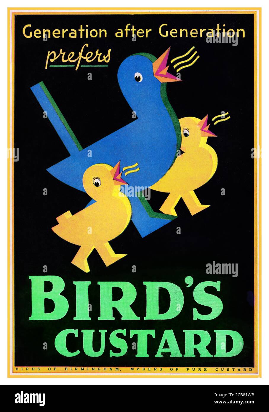 Vintage Food Poster Birds Custard ad poster from 1933. Food Poster Bird’s Custard invented by the Chemist Alfred Bird in 1837, essentially, because his custard-loving wife was allergic to eggs – the main ingredient used in the traditional recipe. Generation after Generation prefers BIRDS CUSTARD Stock Photo