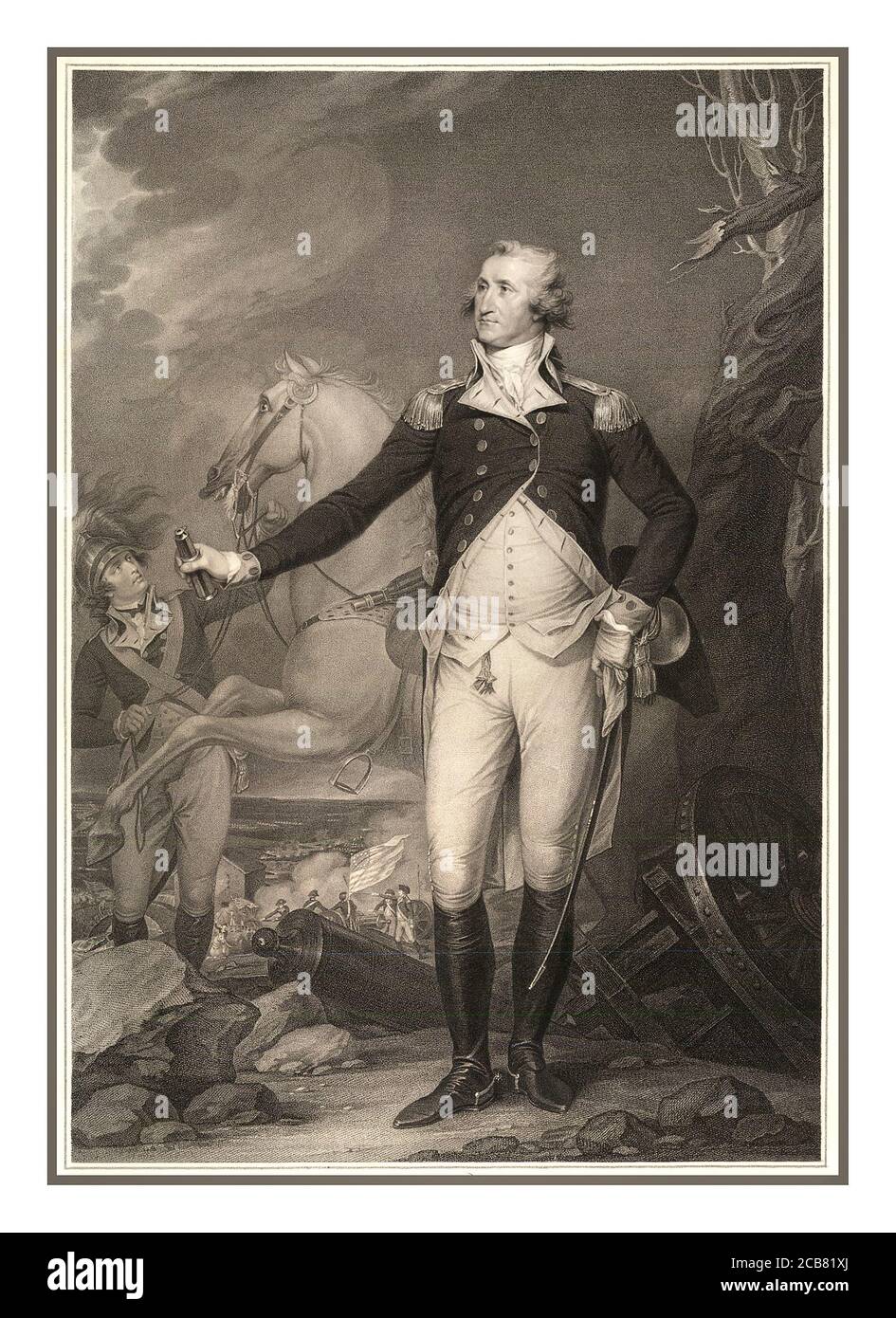 GEORGE WASHINGTON Vintage 1790's engraved lithograph portrait of General George Washington in uniform on the Battlefield at Trenton, engraved by John Cheesman and published by Antonio C. de Poggi in London, in 1796. Stock Photo