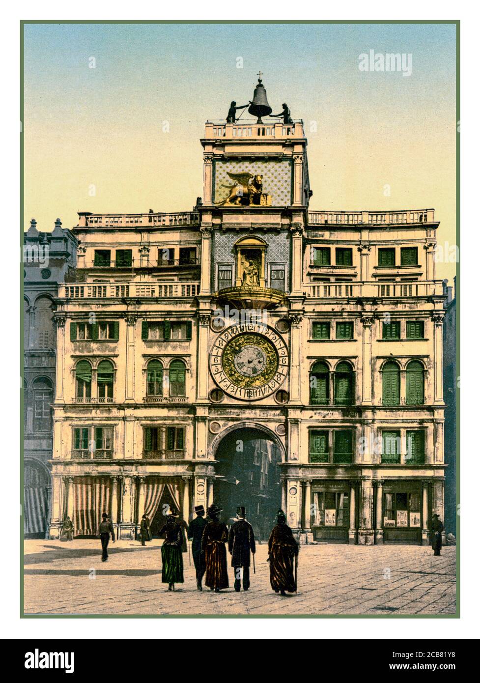 HOROLOGE Archive Vintage Venice The Horologe, Venice, Italy 1900 Chromolithograph Photochrom Historic Old Venice Clock Tower St Mark's Square Venice Italy Stock Photo