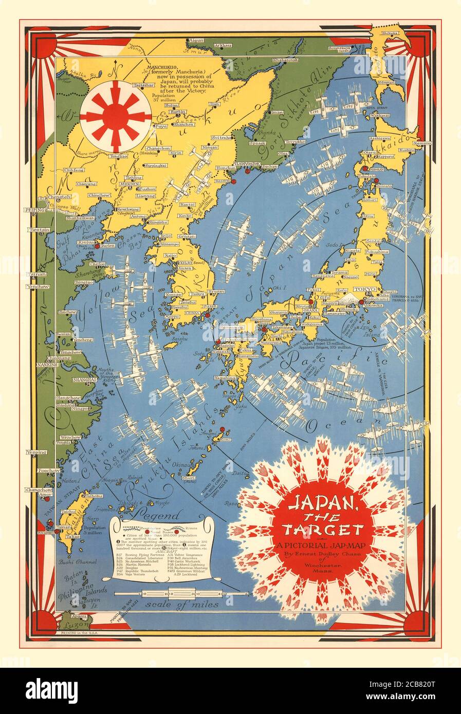 Vintage 1940's American World War II USA Propaganda ‘Japan the Target’, a pictorial map poster illustrating America’s aerial encirclement and bombardment of Japan and its islands made by Ernest Dudley Chase, 1942 Stock Photo