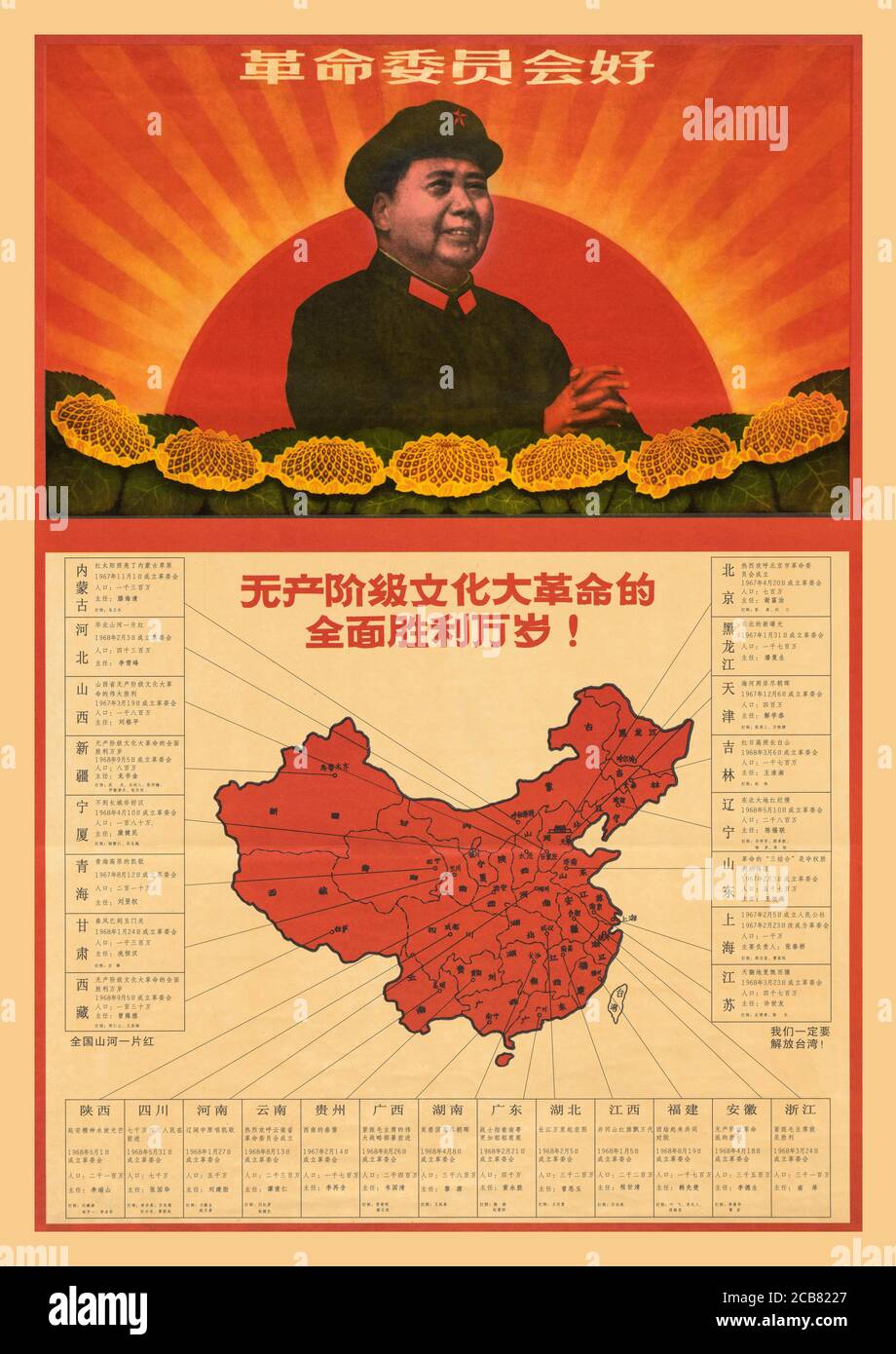 Vintage 1960’s China Chinese Cultural Revolution Propaganda poster map celebrating September 5, 1968, when mass 'Seize Power' movement of the Cultural Revolution succeeded replacing of established governments by 'Revolutionary Committees' in the last two of China's 29 administrative regions, the provinces of Tibet and Xinjiang. In the 'January Storm' of 1967, forces of the Cultural Revolution overthrew the Shanghai government replacing with a 'People's Commune.' Chairman Mao's subsequent endorsement of the overthrow began a violent movement of mass revolutionary organizations to 'Seize Power' Stock Photo