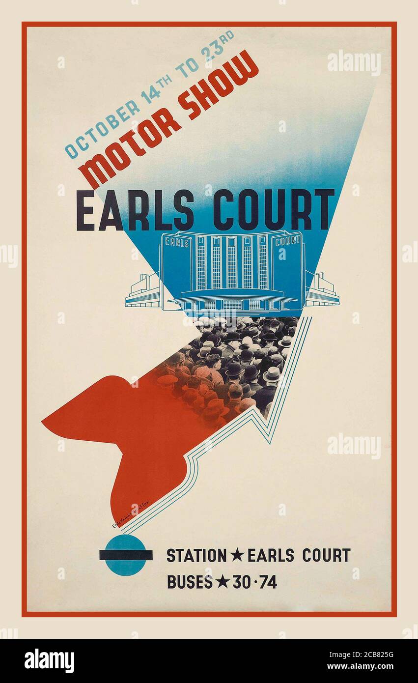 Vintage 1930's EARLS COURT MOTOR SHOW Poster  lithograph in colours, 1937, printed by The Baynard Press,  Edward McKnight Kauffer (1890-1954) Stock Photo