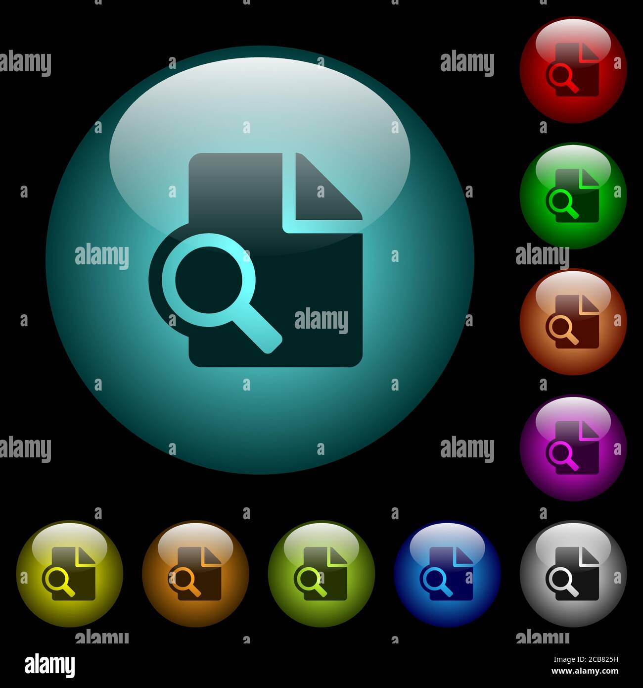 Preview icons in color illuminated spherical glass buttons on black ...