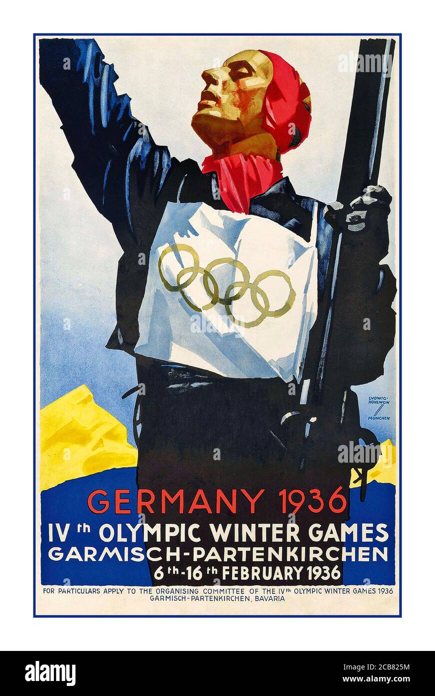 1936 vintage Winter Olympics sport poster in Danish: Tyskland 1936 (Nazi Germany / The Third Reich / Germany 1936) IV Winter Olympiade (Winter Olympics) Garmisch-Partenkirchen 6-16 February 1936. image depicting a skier with bib featuring the Olympic rings symbol, celebrating victory with mountain in background. Poster artwork by Ludwig Hohlwein (1874-1949). Published by the Reichsbahn Centrale for German Travel Agents  Berlin Germany Stock Photo