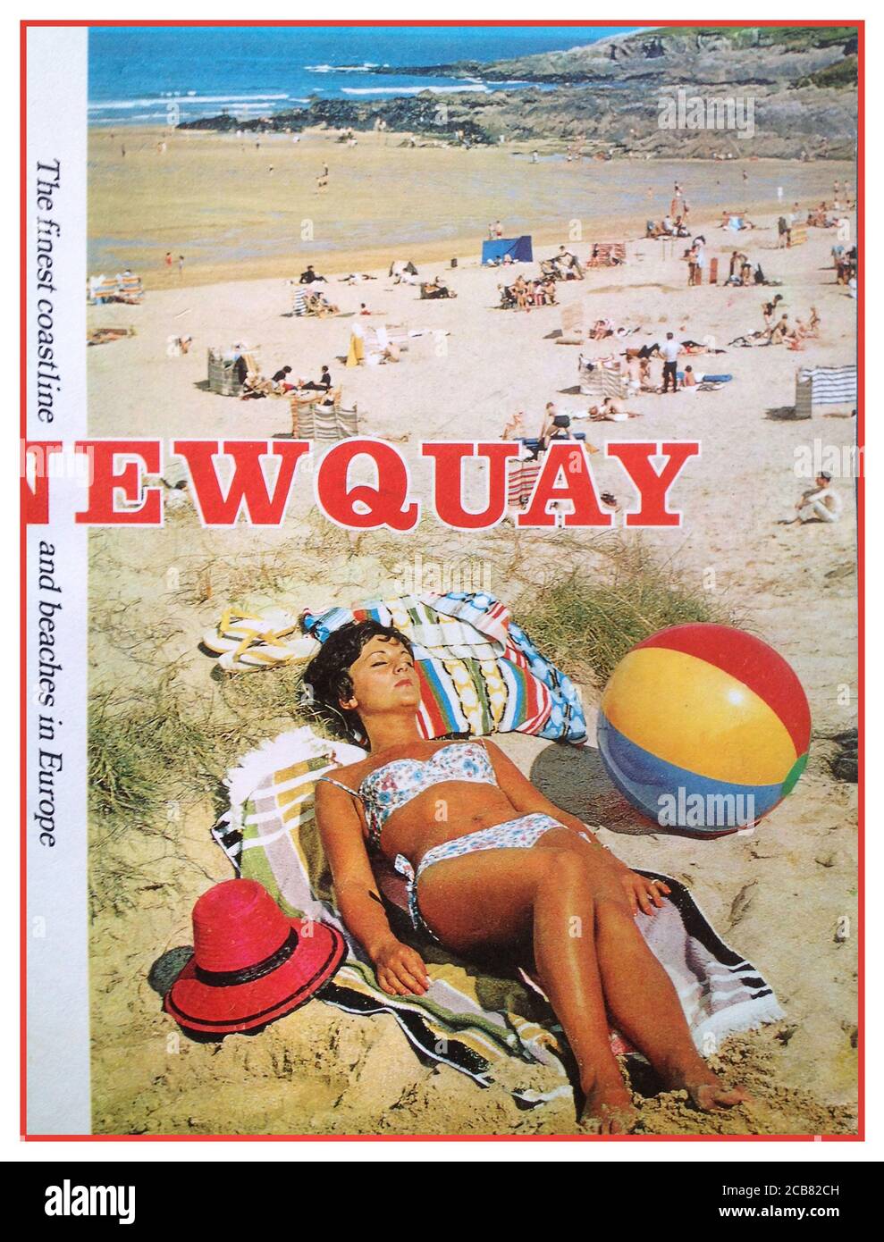 Vintage 1960's Tourist Brochure cover for Newquay Cornwall UK featuring a female sunbather in two piece swimming costume sun hat and beach ball typical 1960's fashion and style of the era sandy beach and coast behind Stock Photo