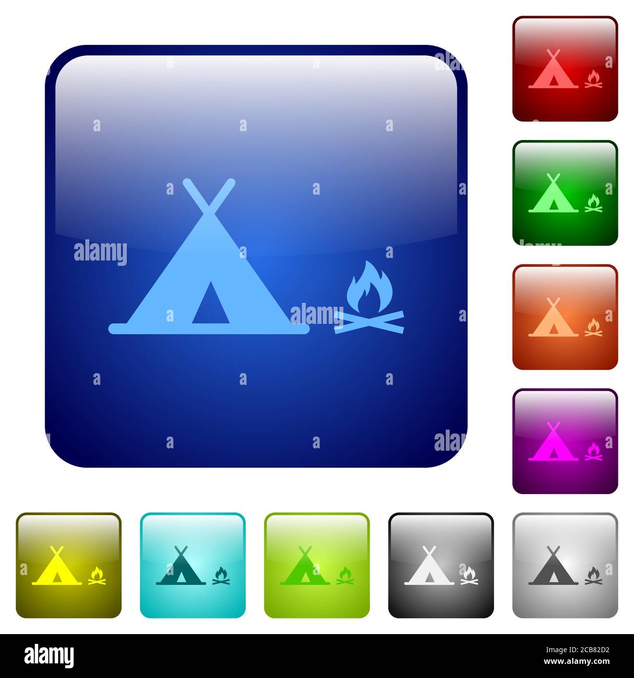 Camping icons in rounded square color glossy button set Stock Vector