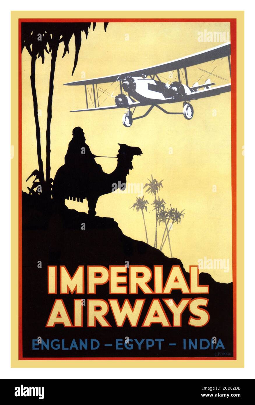 Vintage 1920's Travel Poster for Imperial Airways England- Egypt-India Imperial Airways Poster produced by C. Peckham 1927 poster illustrates an Egyptian man sitting on a tourist camel with a fringed saddle, watching airplane (Imperial Airways, De Havilland D.H. 66, 'Hercules') flying overhead. Imperial Airways was a British pioneer of commercial long-range air travel. The airline operated from 1924 to 1939, serving regions of Europe. Stock Photo