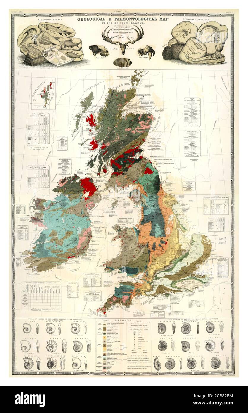 Vintage 1800's Great Britain Physical Atlas 'GEOLOGICAL & PALAEONTOLOGICAL MAP 1856 of the British Islands by A K Johnston aided by Professor Forbes notes and sketches ' GEOLOGY No 5 Engraved by W & AK Johnston Geological & palaeontological map of the British Islands. By A.K. Johnston, F.R.G.S. From the sketches & notes of Professor Edward Forbes, F.R.S. of Kings College London & of the Government School of Mines, President of the Geological Society. Engraved by W. & A.K. Johnston. William Blackwood & Sons, Edinburgh & London. 1st March 1856 Stock Photo