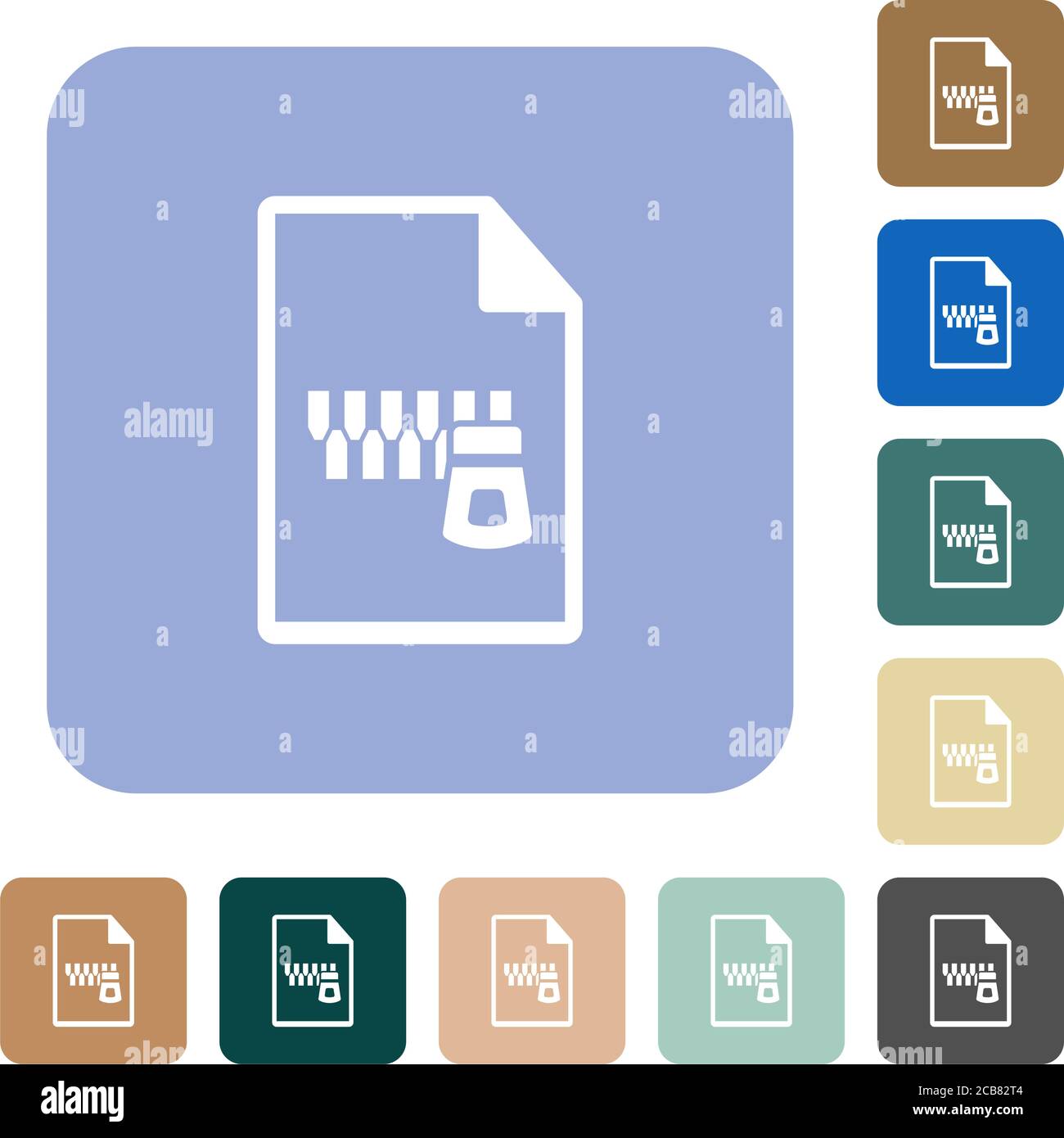 Zipped document white flat icons on color rounded square backgrounds ...
