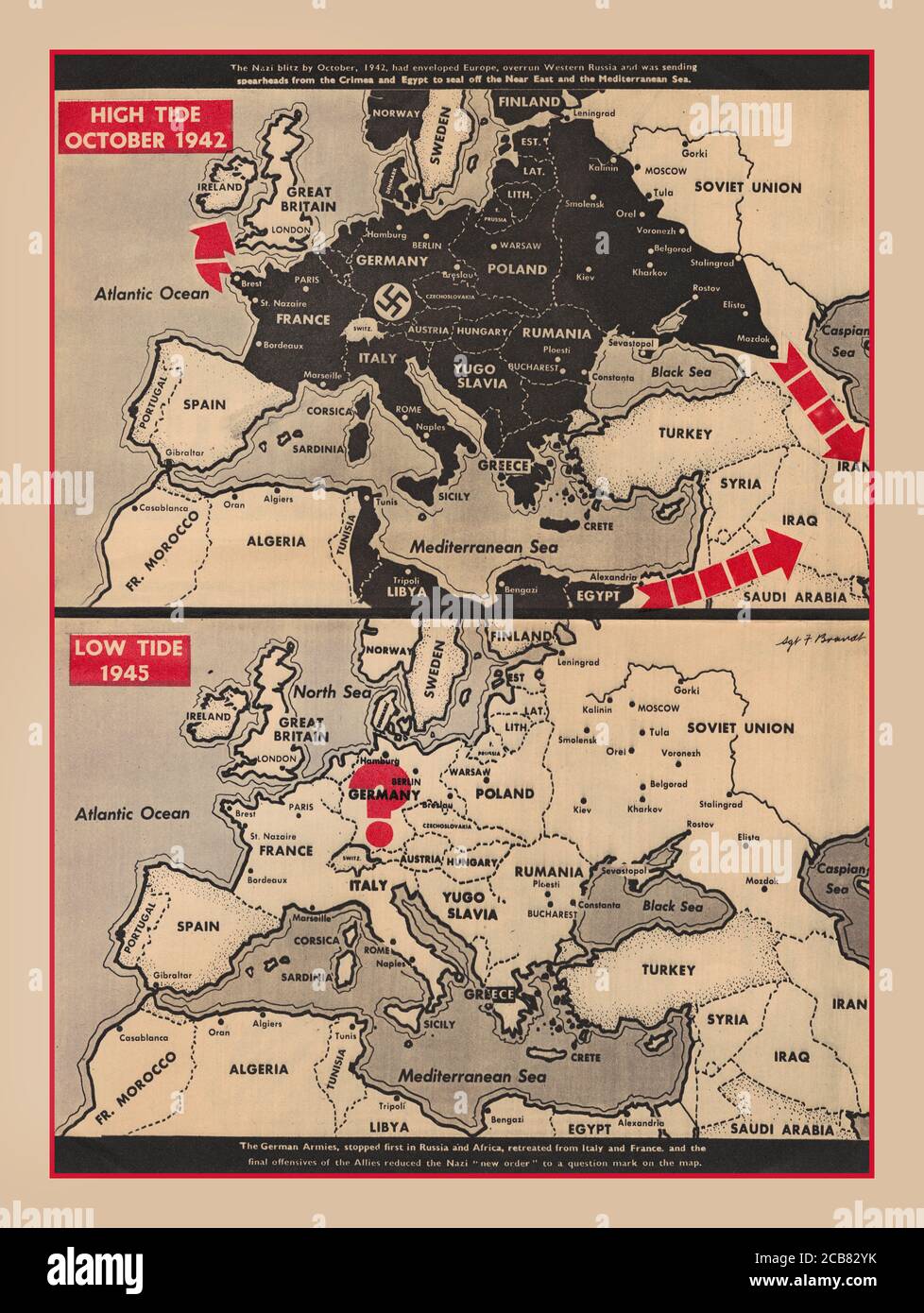 1940’s WW2 Europe Propaganda maps published in Yank, the Army Weekly, celebrating Germany's surrender in May 1945. The upper map, 'High Tide October 1942,' shows Europe, with portions of North Africa, in Nazi black. 'The Nazi blitz by October, 1942, had enveloped Europe, overrun Western Russia and was sending spearheads from the Crimea and Egypt to seal off Near East & the Mediterranean Sea.' The lower map, 'Low Tide 1945,' shows entire map in white, & Nazi swastika replaced with a red question mark over Germany. 'The German Armies, stopped first in Russia Africa then Italy & France Stock Photo
