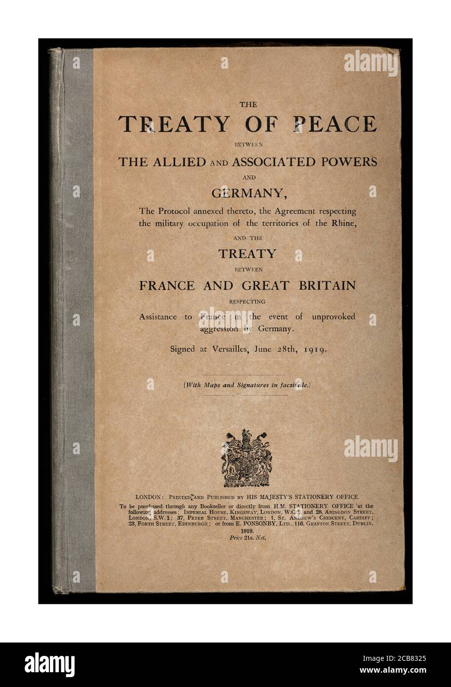 Archive WW1 Front Cover of Treaty of Versailles, English version 1919 The End of World War 1 WW1 First World War The Treaty of Versailles  was the most important of the peace treaties that brought World War I to an end. The Treaty ended the state of war between Germany and the Allied Powers. It was signed on 28 June 1919 in Versailles, exactly five years after the assassination of Archduke Franz Ferdinand, which had directly led to the war Stock Photo