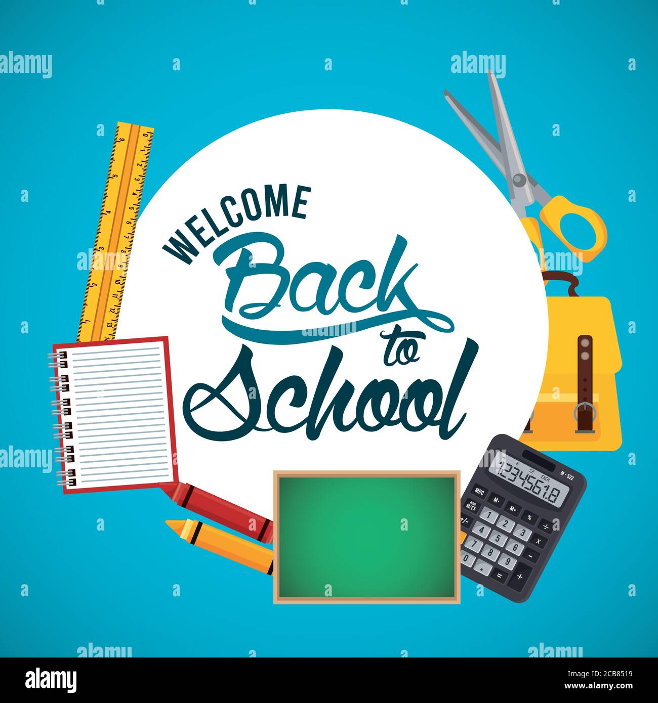 back to school poster with chalkboard and supplies circular frame
