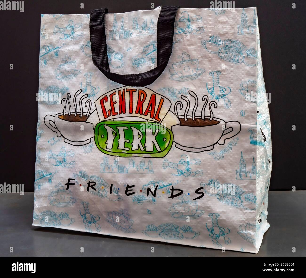 Closeup of a branded, themed tote / carrrier / shopping bag - featuring Central Perk, from the internationally famous Friends TV series. Stock Photo