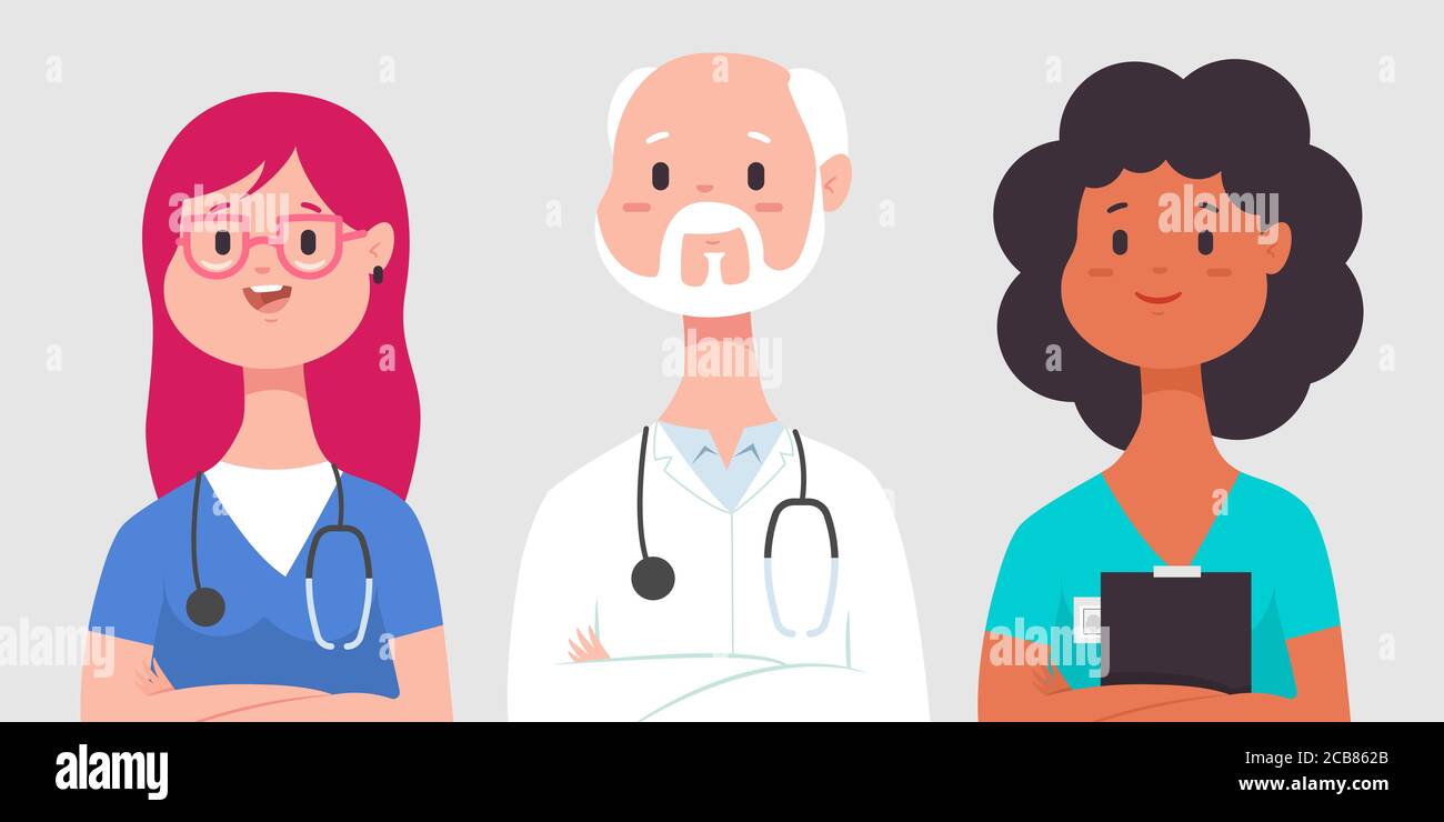 Medical team with doctor, nurse and intern. Vector cartoon man and woman character isolated on background. Stock Vector