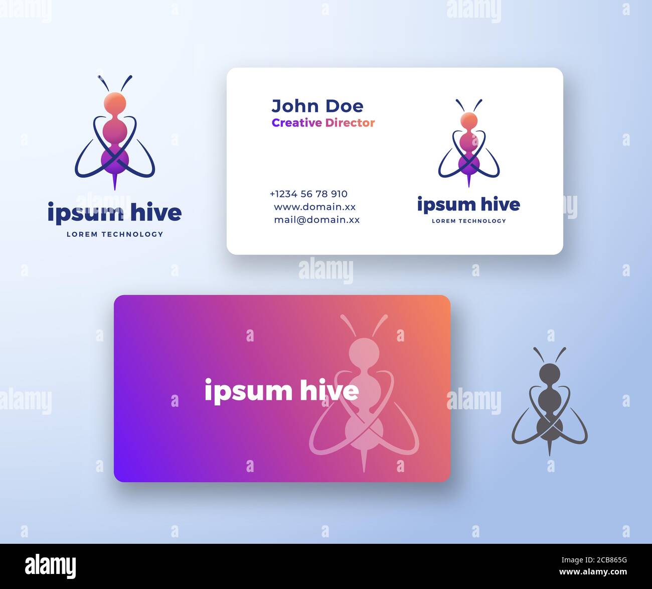 Hive Technology Abstract Vector Logo and Business Card Template. Bee Silhouette of Conected Spheres Chain Icon with Orbits as Wings with Modern Stock Vector