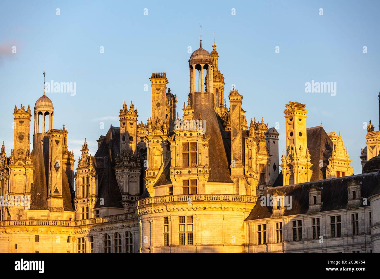 Château de Chambord at sunset, Chambord, Loir-et-Cher, France, Stock Photo
