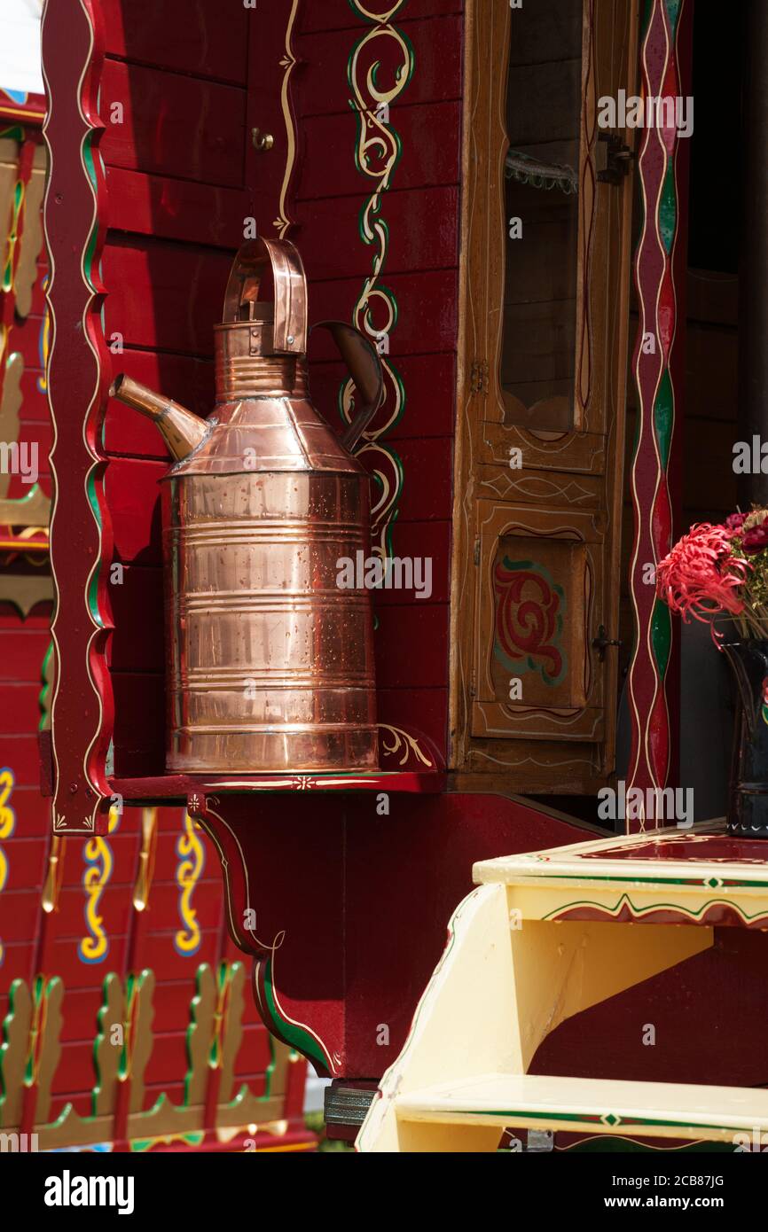 copper kettle/pot on shelf of vintage Romany caravan Stock Photo