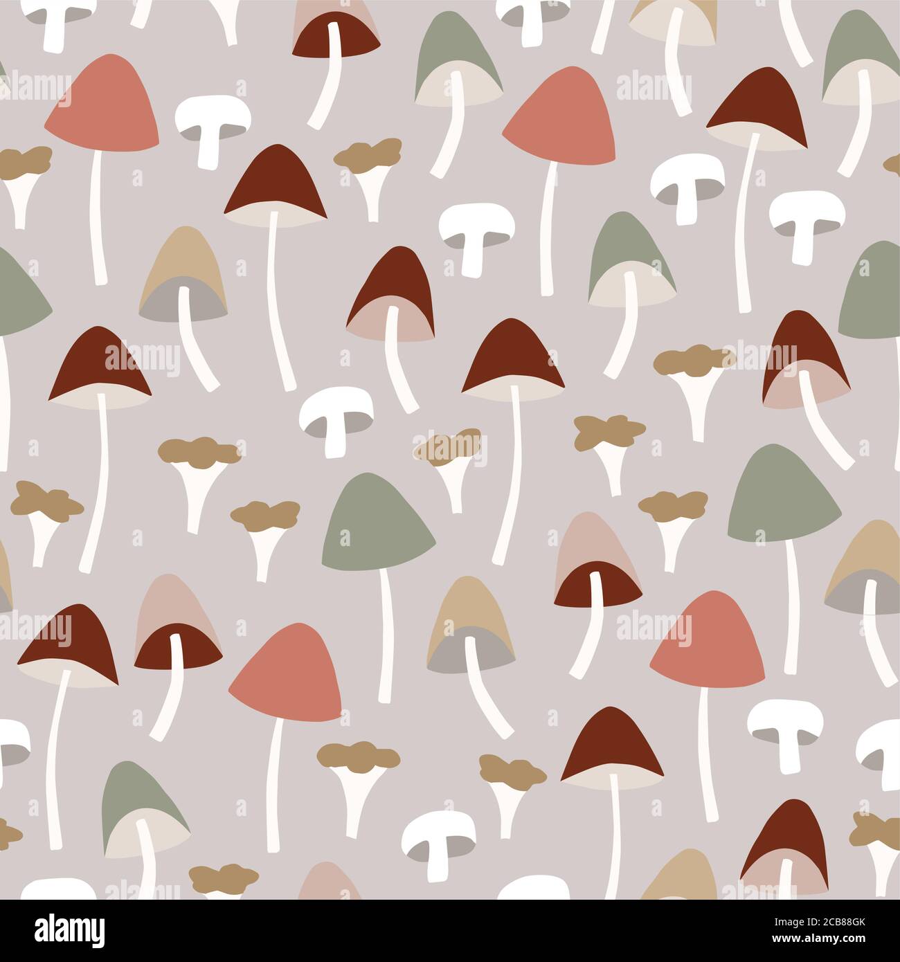 Seamless pattern with various colorful whole and cut mushrooms. Agaric, chanterelle and galerina fungi vector illustration background. Autumn tile Stock Vector