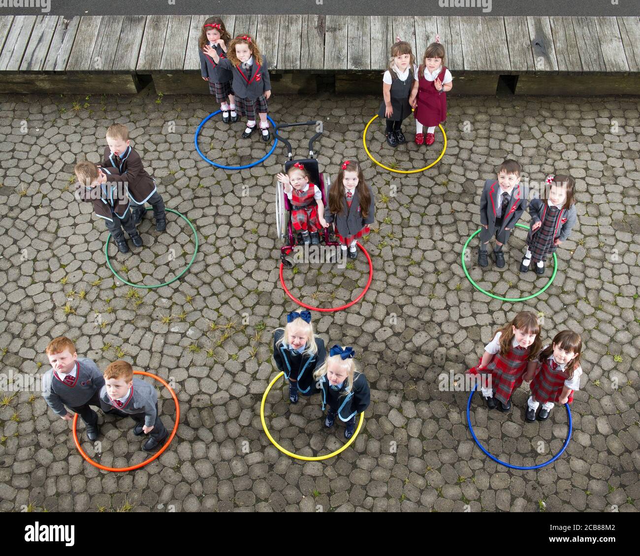 Port Glasgow, Scotland, UK. 11th Aug, 2020. Pictured: Eight sets of twins start school in Inverclyde Eight sets of twins are set to start their first day of school in Inverclyde. Names: (top row L-R) Eva & Iona Metcalf; Lola & Malena Perez Malone; (middle row L-R) Ben & Stuart Miller; (bottom row L-R) Connor & John Branchfield; Alice & Penny Beer; Aria & Isla McLaughlin. Credit: Colin Fisher/Alamy Live News Stock Photo