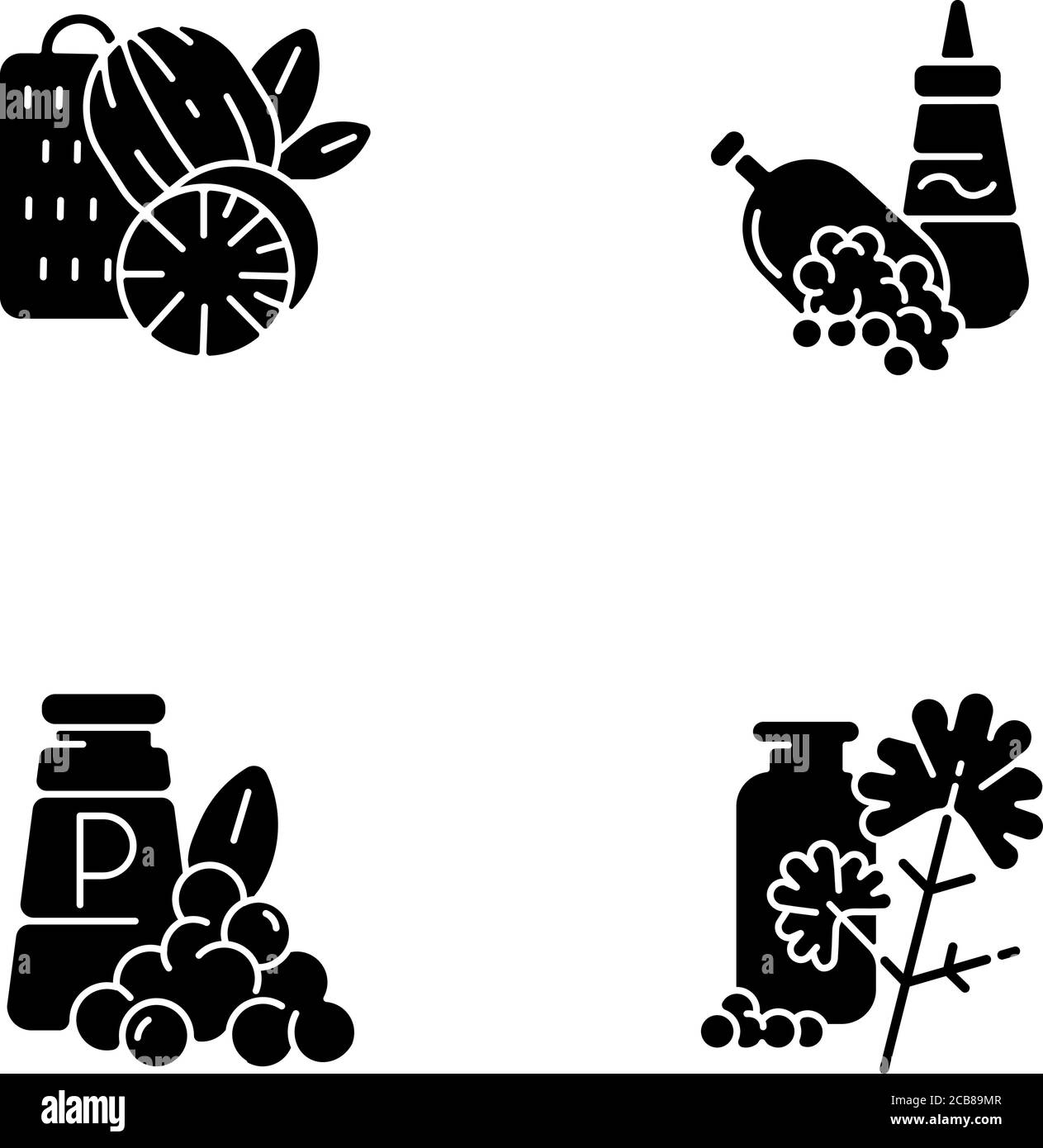 Spicy condiments black glyph icons set on white space. Food seasoning. Natural supplement. Cooking condiment. Mustard and black pepper. Cilantro. Silh Stock Vector