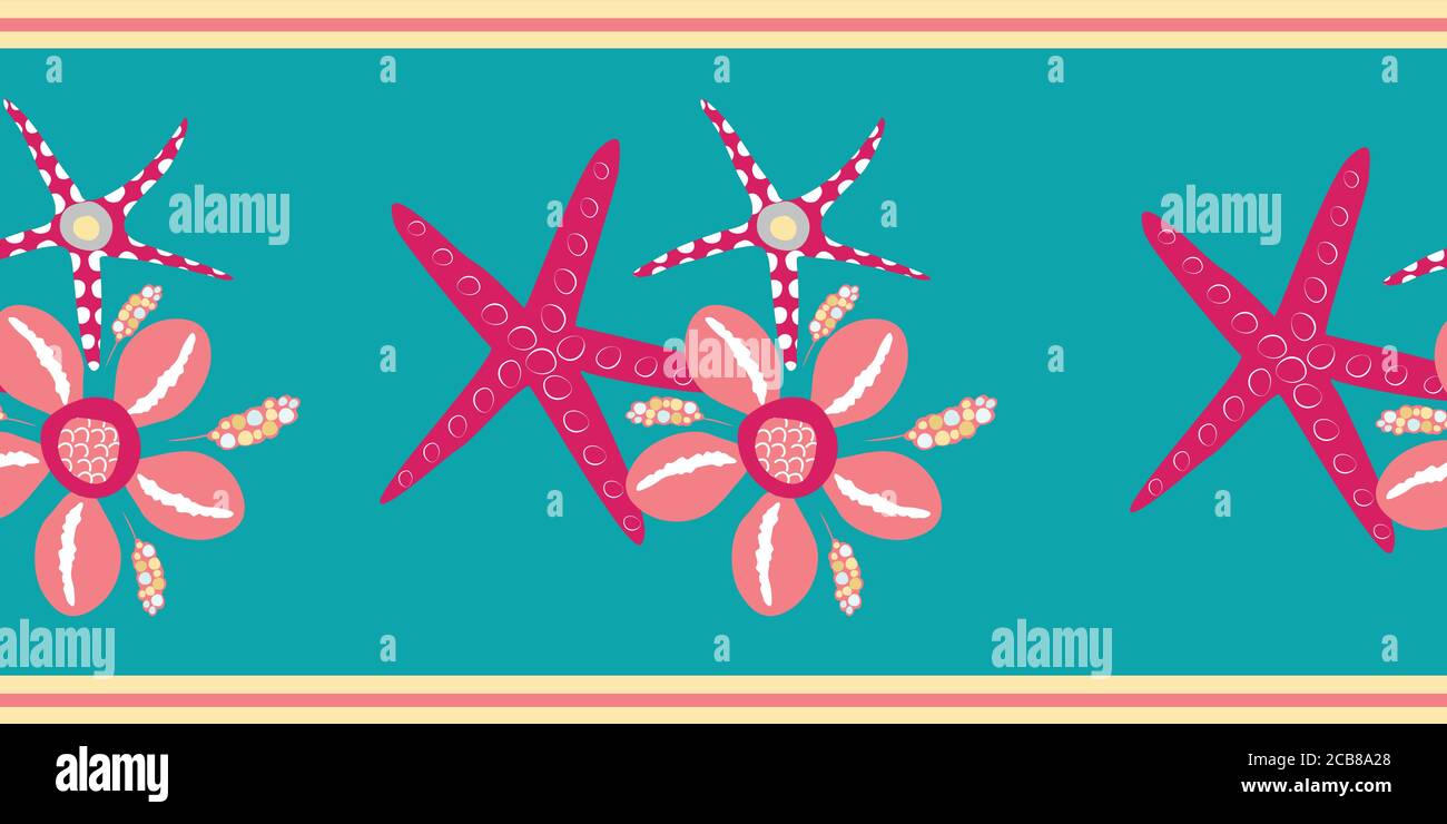 Starfish and cowrie shell vector border. Luxurious pink and aqua blue ...