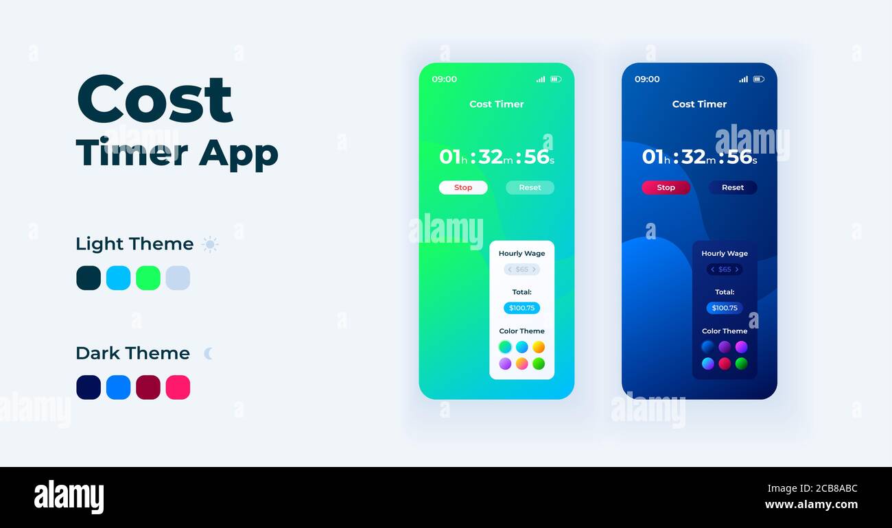 Cost timer app cartoon smartphone interface vector templates set ...