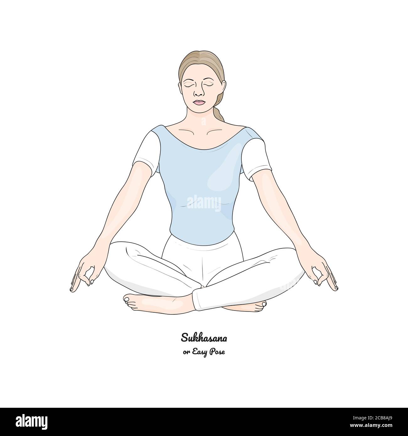 Sukhasana or Easy Pose with Gyan Mudra. Yoga Practice. Vector. Stock Vector
