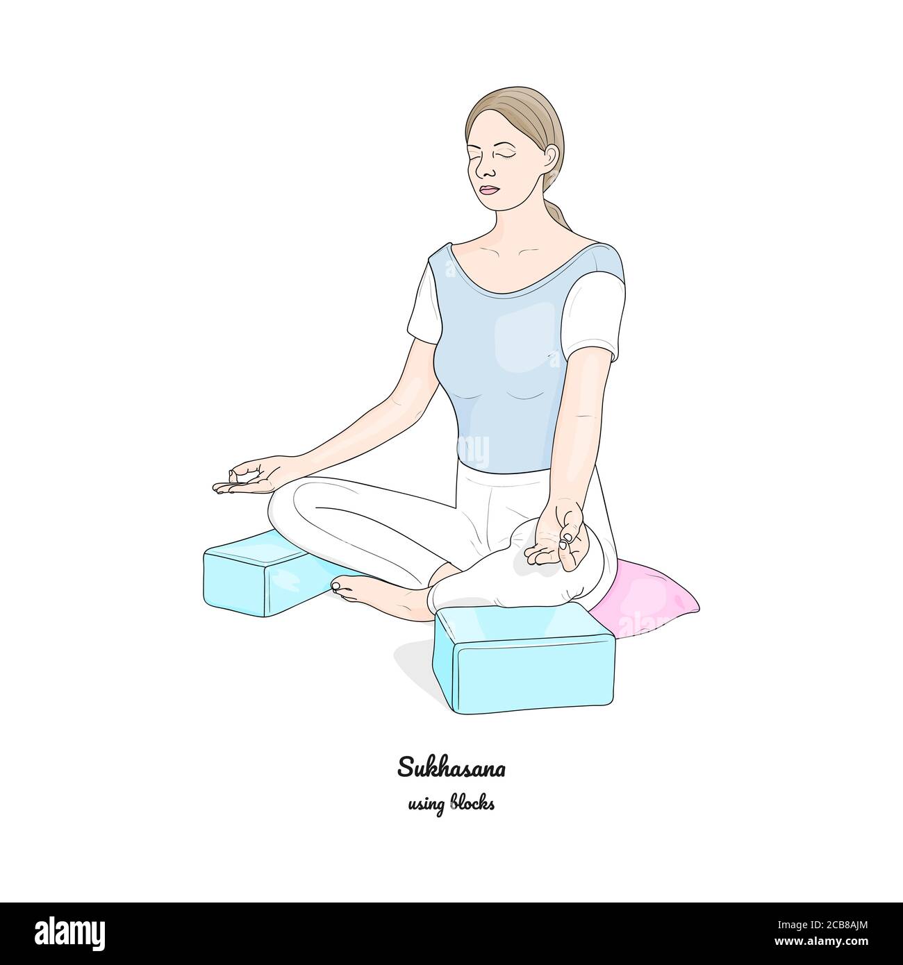 Sukhasana or Easy Pose with Blocks and a Pillow. Yoga Practice. Vector. Stock Vector