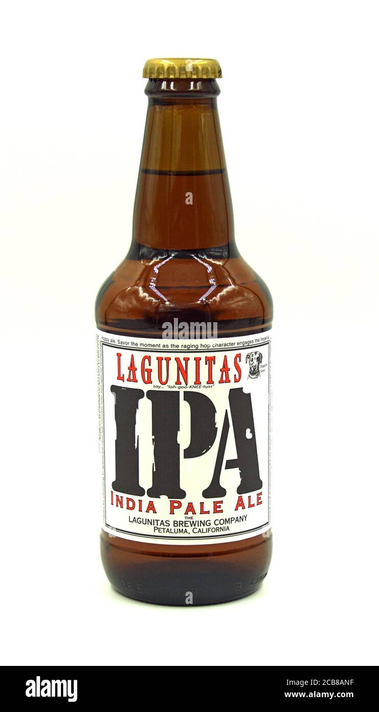 Petaluma, California - April 30, 2020: Bottle of Lagunitas India Pale Ale (IPA)  against a white background. Stock Photo