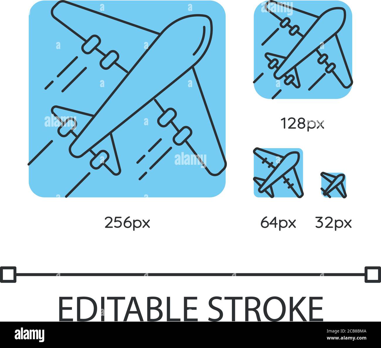 Airplane blue linear icons set. Flight with airlines. Take airliner to ...