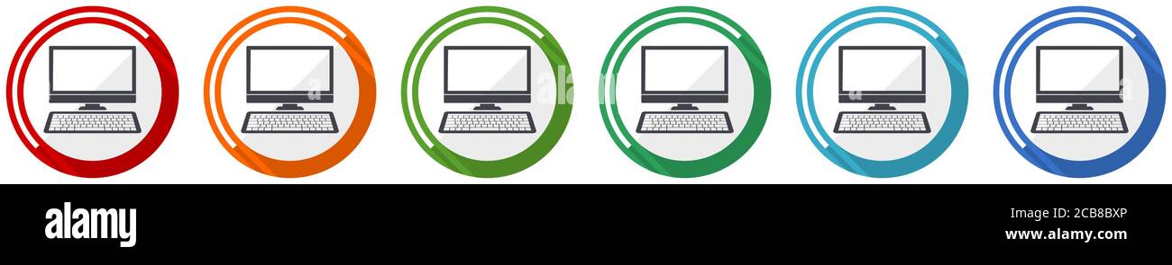 Computer, desktop icon set, flat design vector illustration in 6 colors ...